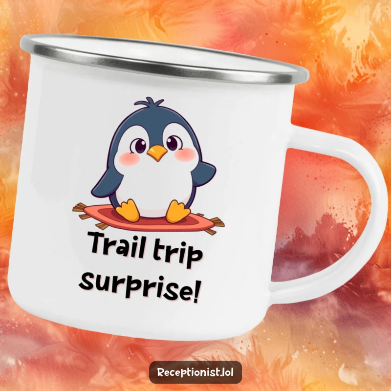 Funny penguin camping mug showing a surprised cartoon character tripping over a rug, perfect for outdoor humor.