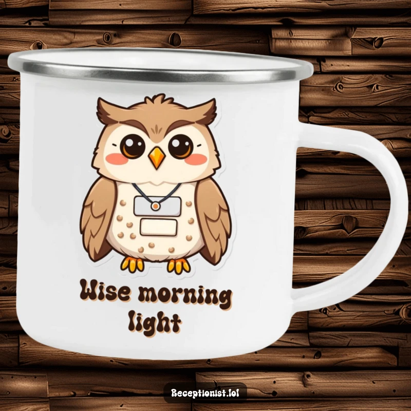 Funny owl camping mug featuring a proud, smiling owl with a name badge, ideal for outdoor enthusiasts.