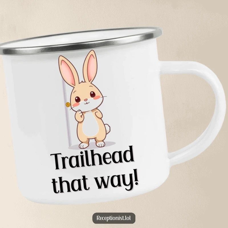 Funny camping mug featuring an enthusiastic rabbit pointing towards a door, ready to lead the way on any outdoor adventure.