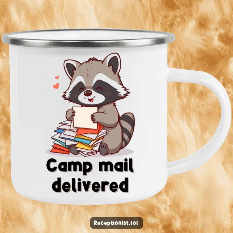 Funny Raccoon Campfire Mug showing a playful raccoon sorting colorful mail with a cheerful hum, perfect for humorous outdoor enjoyment.