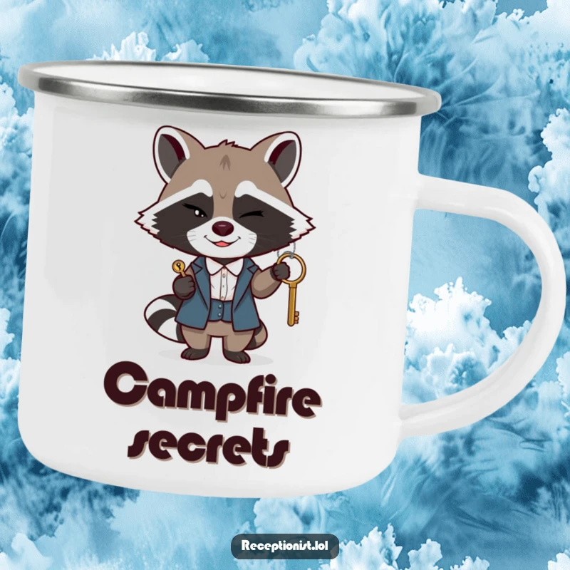 Funny raccoon receptionist camping mug, a winking raccoon discreetly passing a key with a sly smile, durable, for outdoor adventures.
