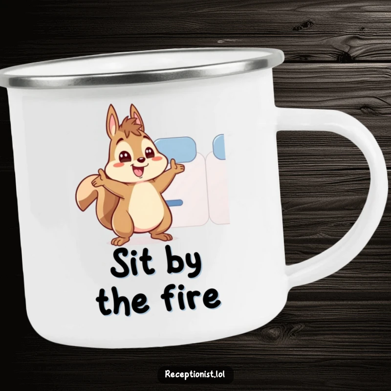 Funny squirrel camping mug, an energetic squirrel waving to direct someone to a seat, ideal for outdoor use with a humorous touch.