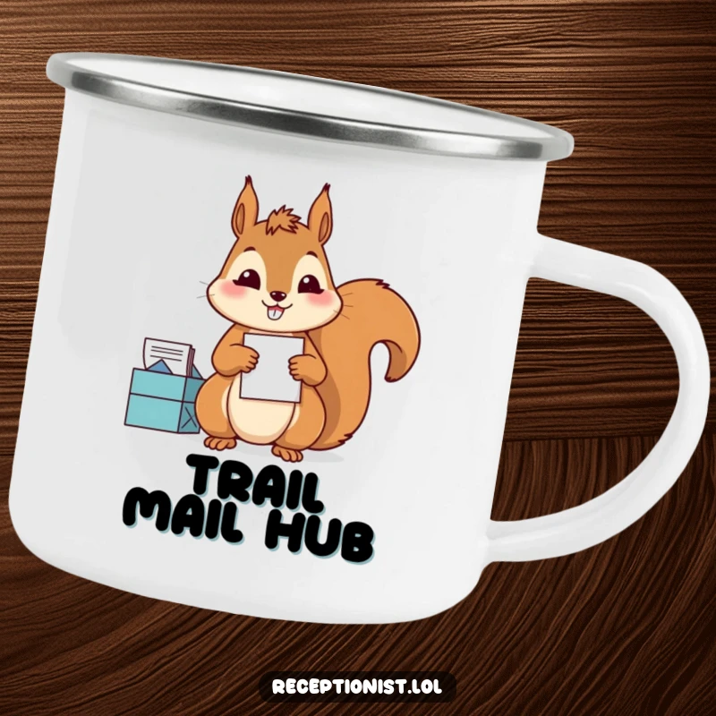 Funny Camping Mug with a diligent squirrel sorting mail with precision and a satisfied grin, durable and humorous for organized campers.