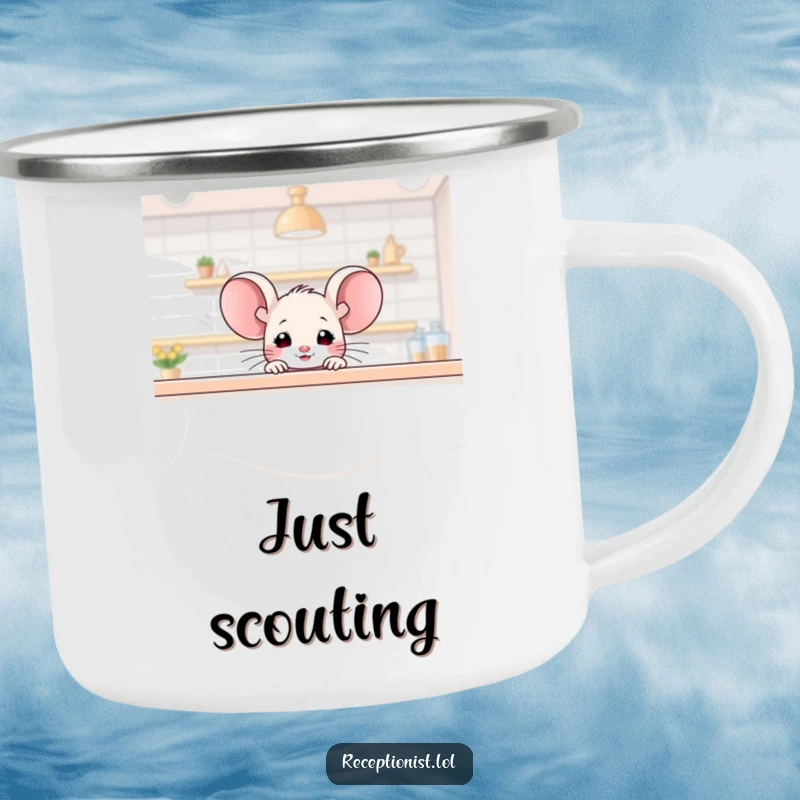 Funny mouse camping mug, a tiny mouse peeking over a large counter with a friendly glimmer, great for outdoor use.