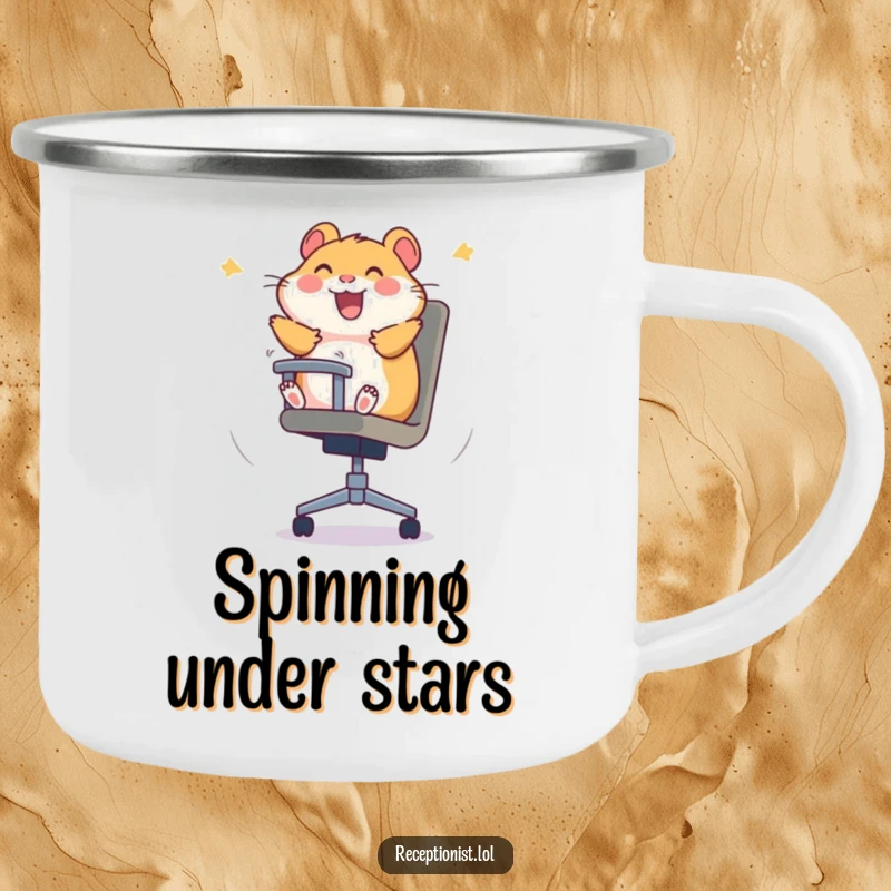 Funny hamster camping mug featuring a hamster spinning in an office chair, symbolizing joyful adventure and fun.