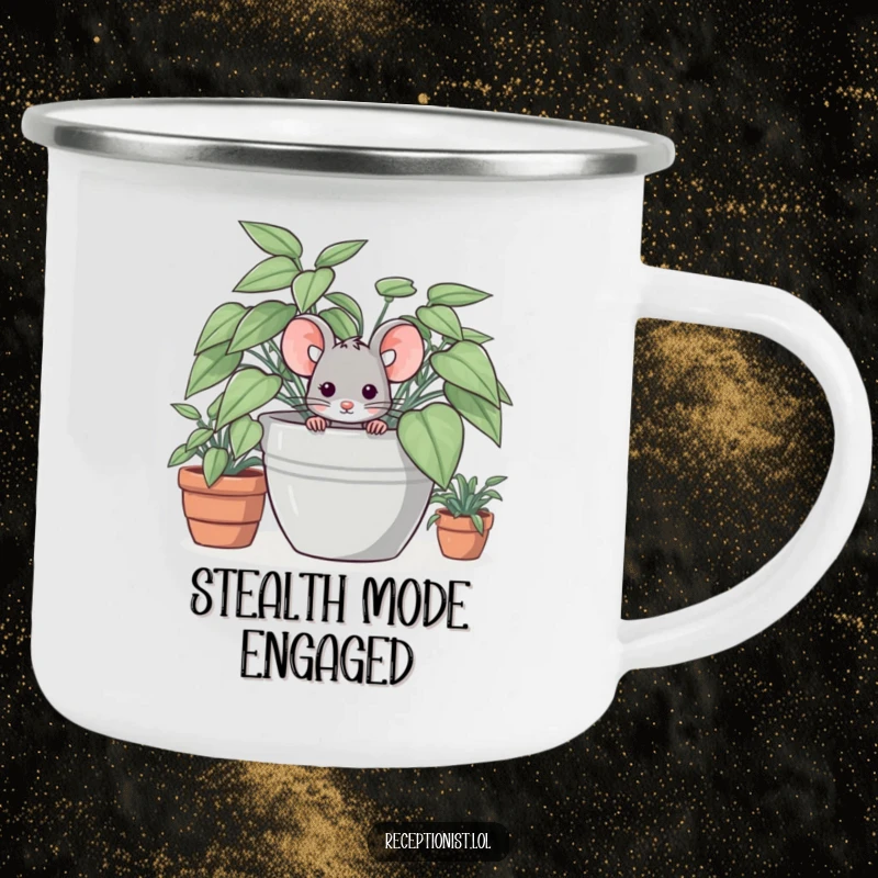 Funny enamel camping mug with a shy mouse peeking from behind a potted plant, perfect for outdoor enthusiasts.