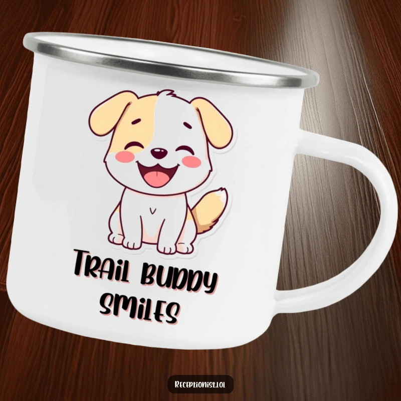 Funny Dog Greeting Camping Mug depicting a cute dog with a wagging tail and smile in an outdoor setting.