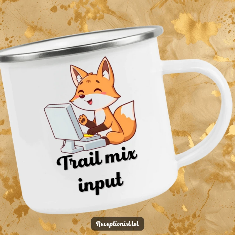 Funny cartoon fox typing at a computer, paw over a button, durable enamel camping mug, humorous outdoor gear.
