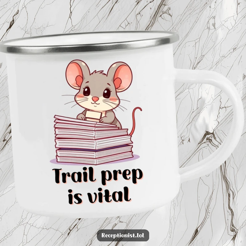 Funny mouse, name tag, organizing papers, on a rugged camping mug, for humorous outdoor organization.