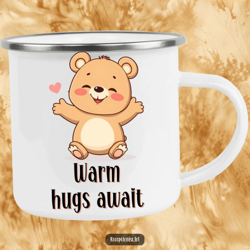 Funny Camping Mug featuring a giggling bear cub with arms open wide, ready to greet fellow adventurers with a happy welcome.