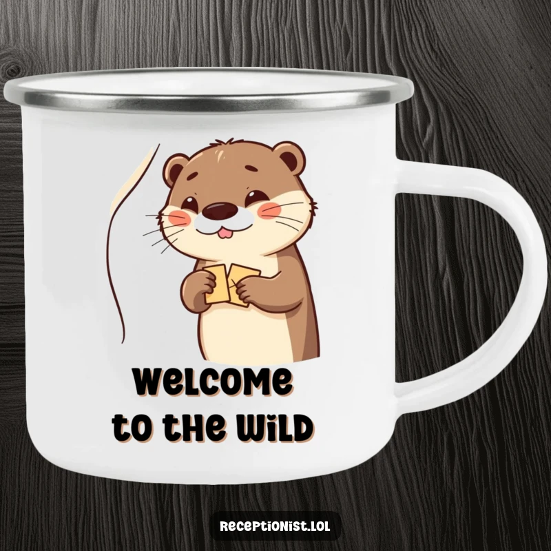 Funny otter winking, offering a welcome packet, on a sturdy enamel camping mug.