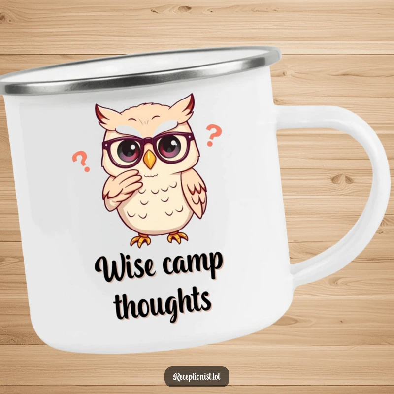 Funny owl adjusting glasses thoughtfully, on a sturdy enamel camping mug.