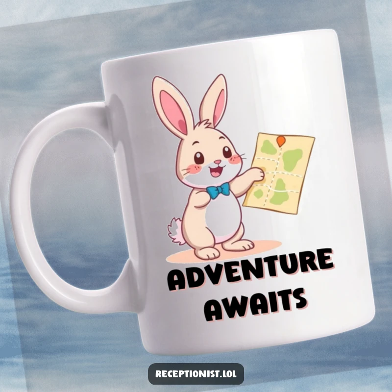 Funny playful bunny pointing towards a map with a helpful gesture, humorous depiction of travel and guidance, perfect coffee mug gift.