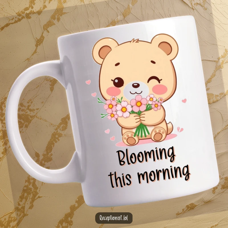 Funny bear cub mug featuring a sweet character holding a bouquet of flowers with a gentle smile, symbolizing love, kindness, and heartwarming humor.