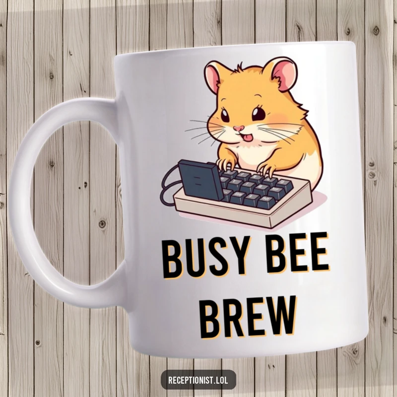 Funny determined hamster typing furiously on a miniature computer keyboard, humorous depiction of intense focus, perfect coffee mug gift.