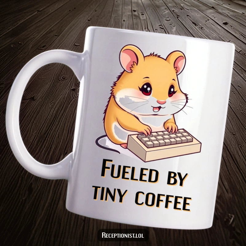 Funny hamster receptionist mug, a determined hamster diligently typing on a tiny keyboard with focused energy, cute and productive.