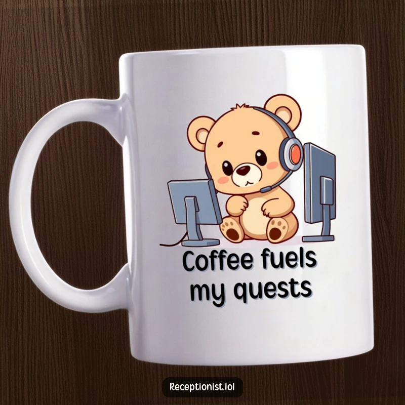 Funny bear cub wearing a headset, pointing at a computer screen, ideal for tech support or gamer gifts.