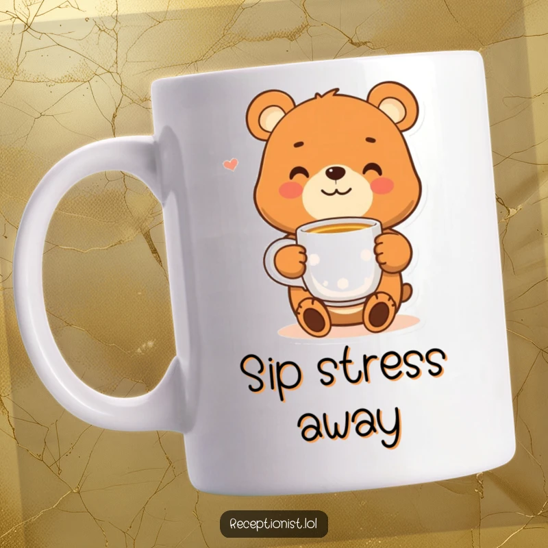 Funny bear mug with a smiling character offering a warm cup of tea, conveying comfort, friendship, and gentle humor.