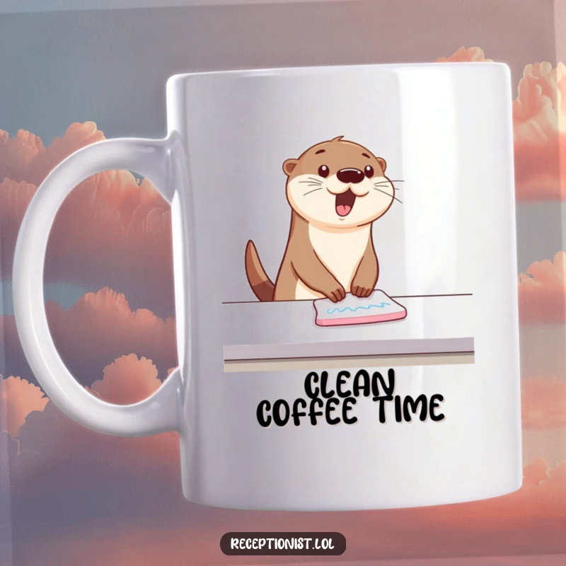 Funny Mug of a bouncing otter wiping a counter with energetic, happy swipes, humorous gift for neat freaks.