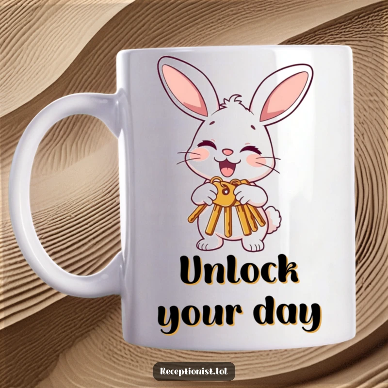 Funny bunny mug featuring a joyful character politely offering keys with a nod and wink, symbolizing new opportunities and good luck.