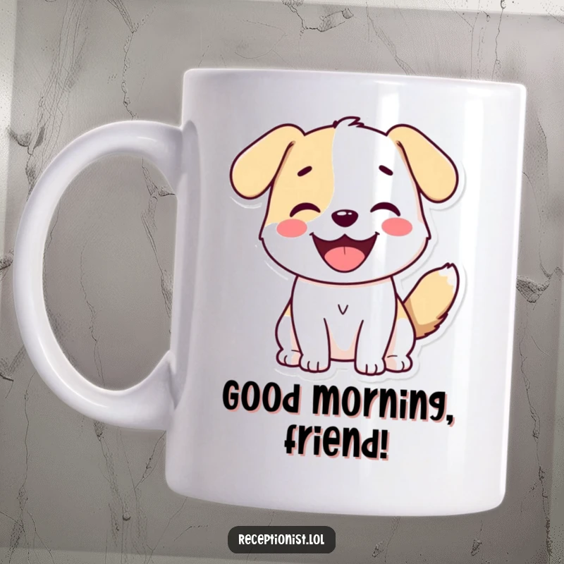 Funny Dog Greeting Mug showing a cute dog with a wagging tail and wide smile, expressing pure joy.