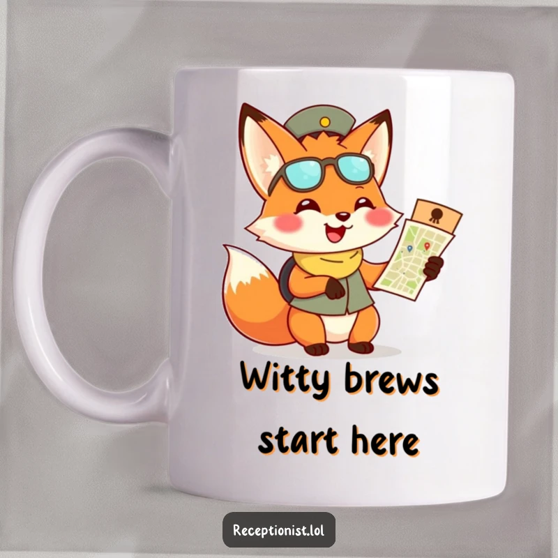Funny fox receptionist mug, mischievous fox handing out a map with a wide smile and a flourish.