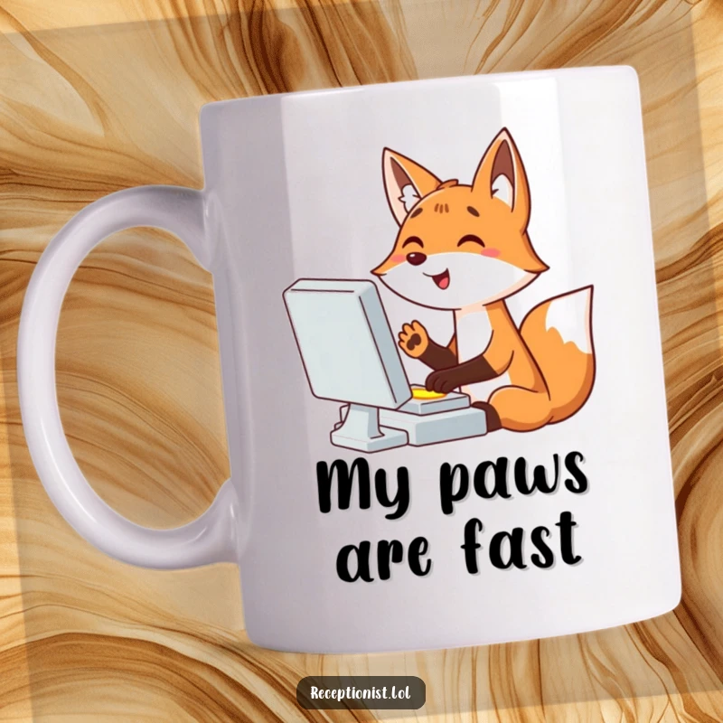Funny cartoon fox enthusiastically typing at a computer, paw hovering over a button, ready for action, humorous tech gift.