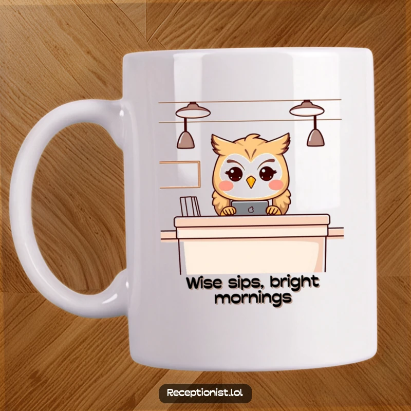 Funny owl receptionist mug, wise bird behind a counter, peering kindly, conveying knowledge and a friendly demeanor.