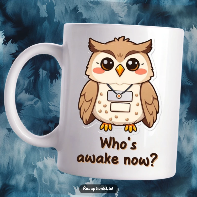 Funny owl wearing a name badge, beaming with pride and wisdom on a mug, perfect for a celebratory gift.