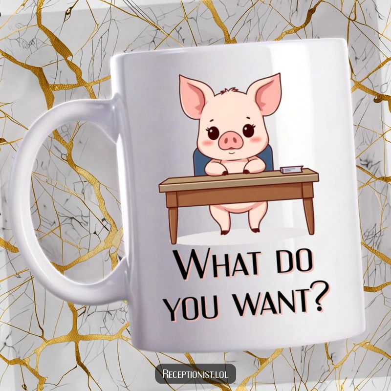 Funny Piglet Office Mug featuring a cute piglet behind a desk, looking expectantly at an unseen guest with a humorous and welcoming vibe.