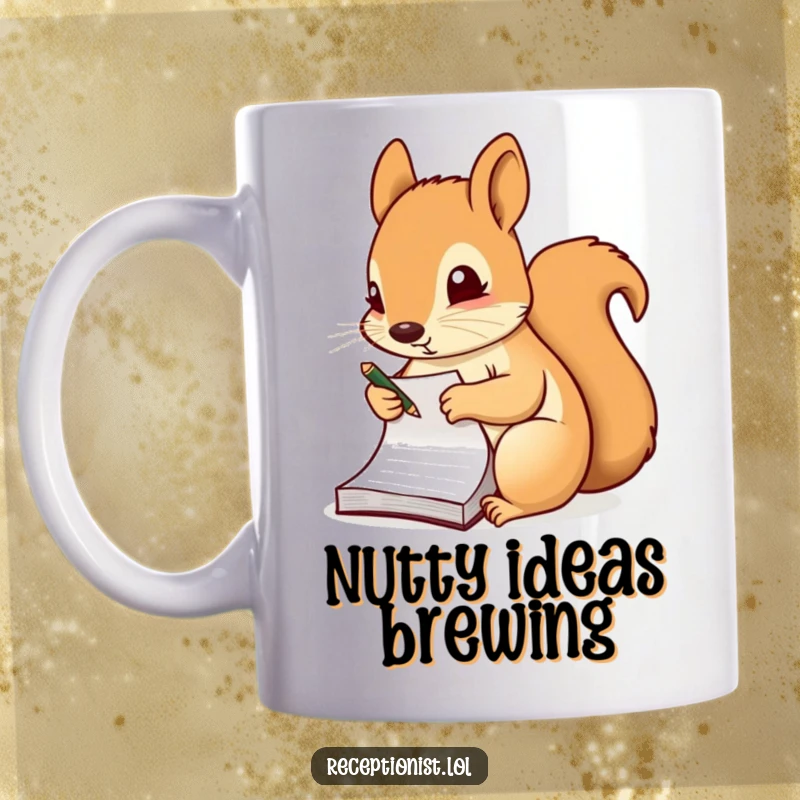 Funny mug featuring a diligent squirrel intently taking notes on a small notepad, symbolizing focus and productivity.
