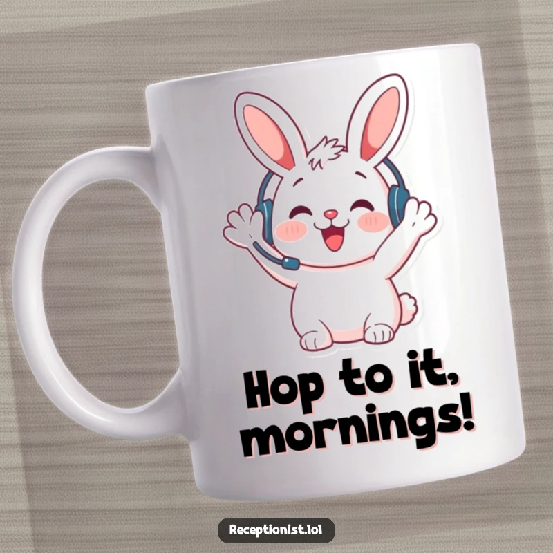 Funny Bunny welcome mug with headset, waving hello happily, radiating warmth and friendliness, perfect for a cheerful greeting.