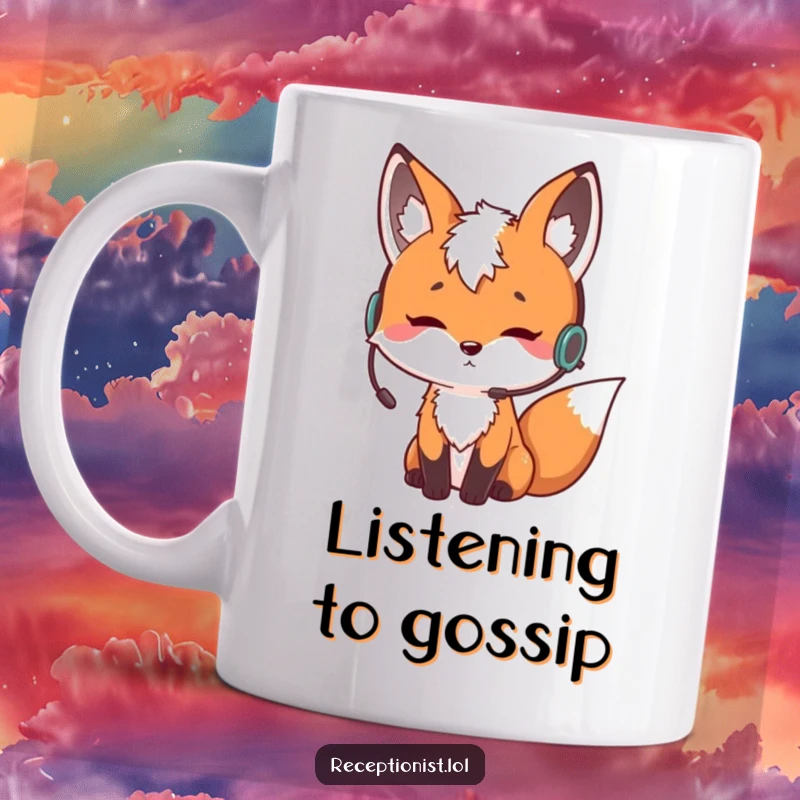 Funny curious fox wearing an earpiece and nodding thoughtfully, humorous depiction of intelligence gathering, perfect coffee mug gift.