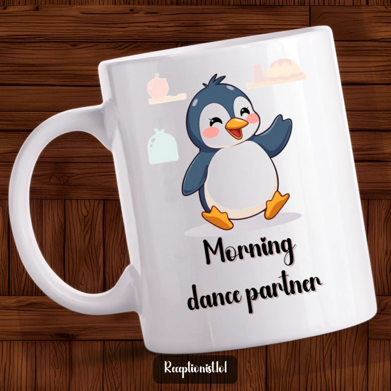 Funny playful penguin doing a quick greeting dance at a counter, perfect for a funny mug.