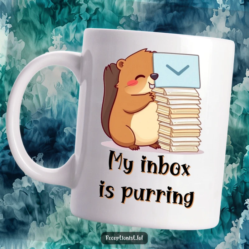 Funny beaver mug showing intense focus organizing messages, embodying busy work humor and efficiency. A perfect gift for the organized and overwhelmed.