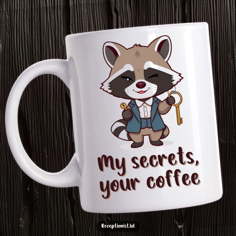 Funny raccoon receptionist mug, a winking raccoon discreetly passing a key with a sly smile, mischievous and clever.