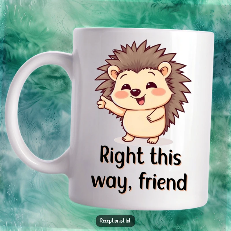 Funny mug with a giggling hedgehog character enthusiastically directing a visitor with a friendly hand gesture, conveying helpfulness and joy.