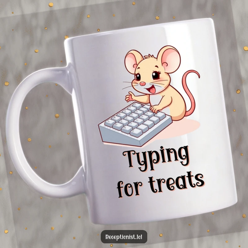 Funny mug of a cheerful mouse enthusiastically pressing large computer keyboard buttons with tiny paws, celebrating tech humor.