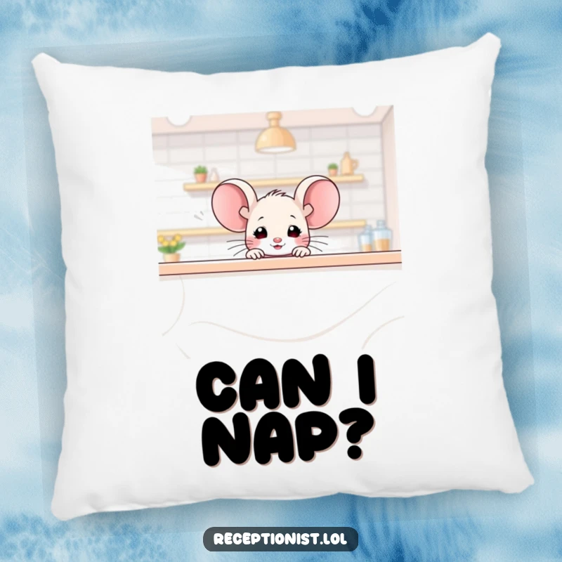 Funny mouse pillow, a tiny mouse peeking over a large counter with a friendly glimmer, adding comfort and whimsy.