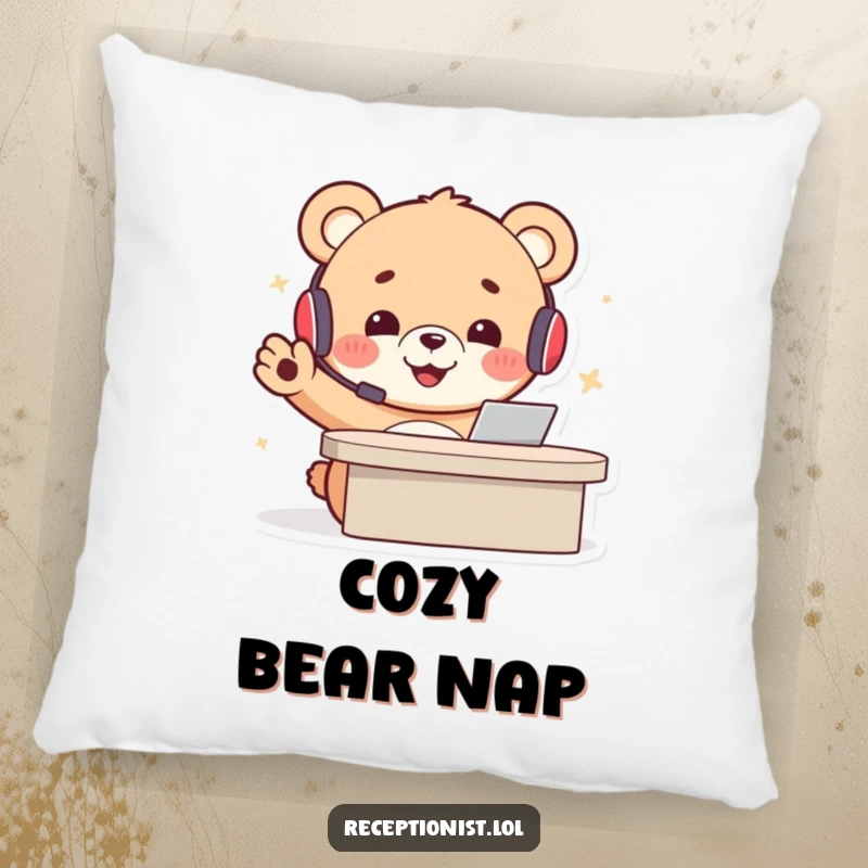 Funny bear receptionist pillow with a cheerful cartoon bear cub in a headset, gesturing welcomingly, adding a humorous touch.