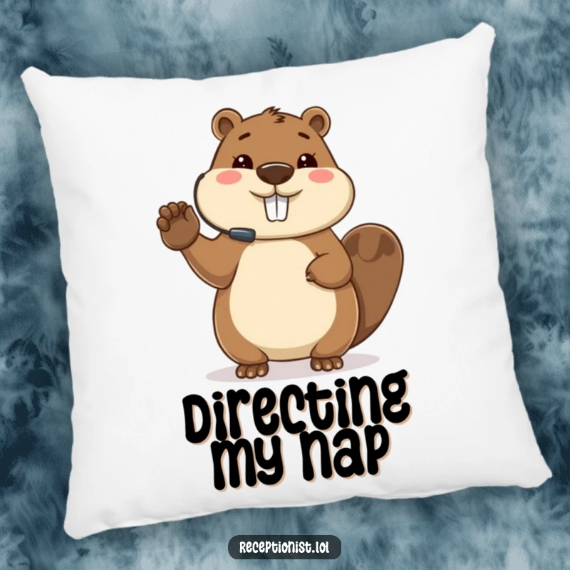 Funny beaver pillow, directing guests with paw, organizer theme, comfortable decor, ideal for planning spaces.