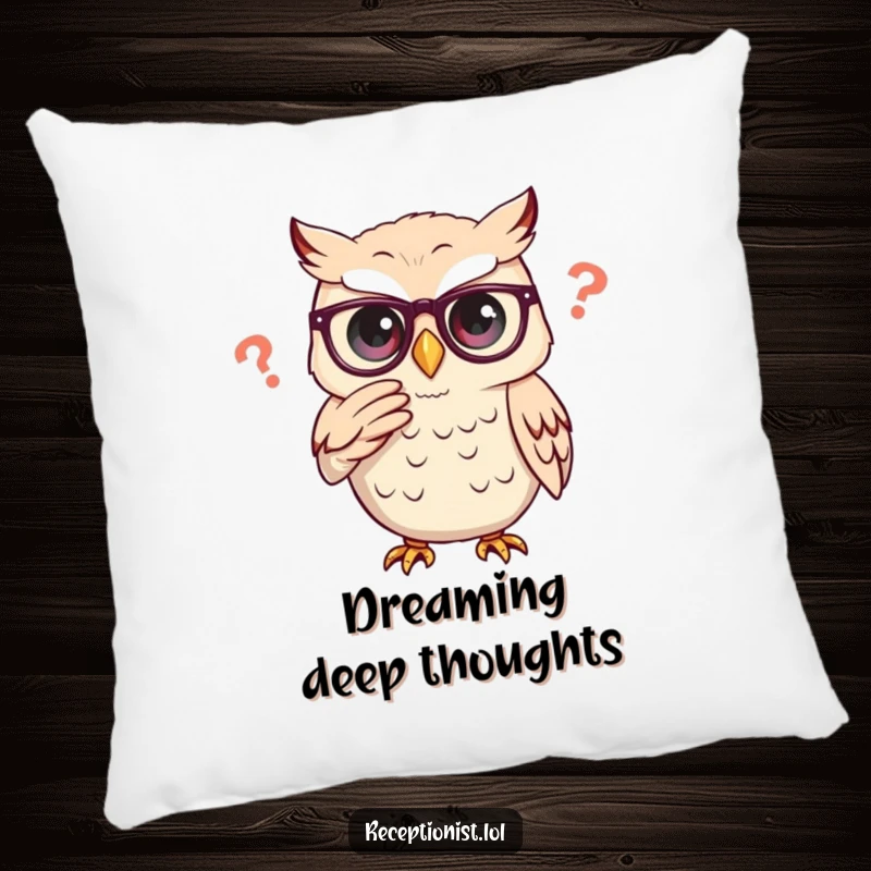 Funny owl adjusting glasses thoughtfully, designed for a soft and humorous pillow.