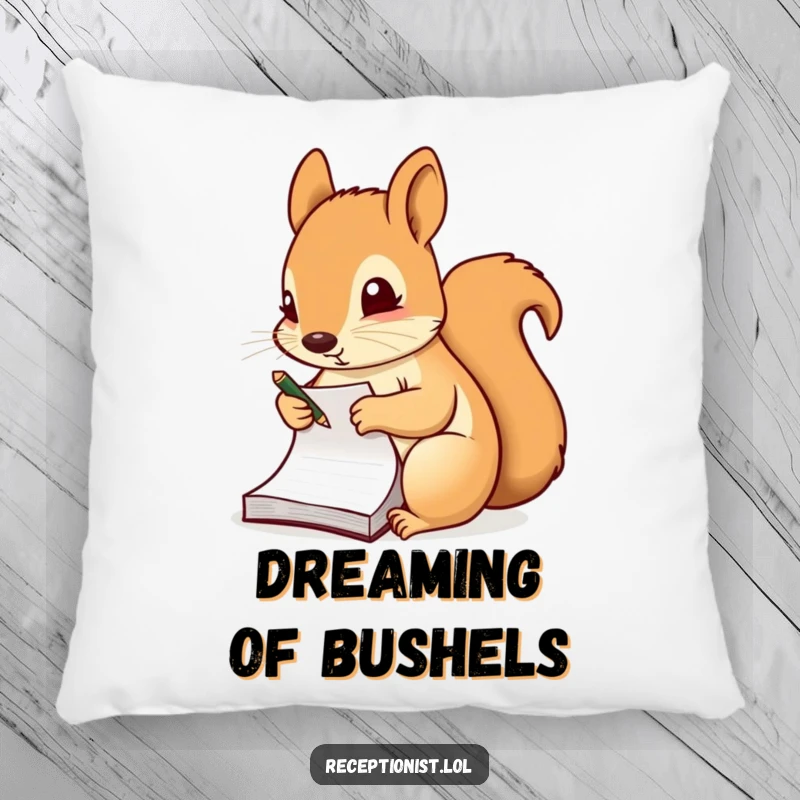 Funny pillow with a diligent squirrel taking notes on a notepad, offering comfort and a symbol of focused study.