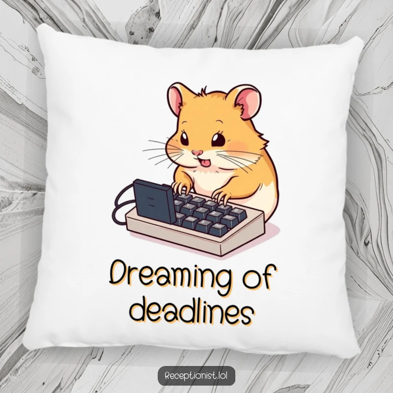 Funny determined hamster typing furiously on a miniature computer keyboard, soft decorative pillow, humorous accent for couch or bed.