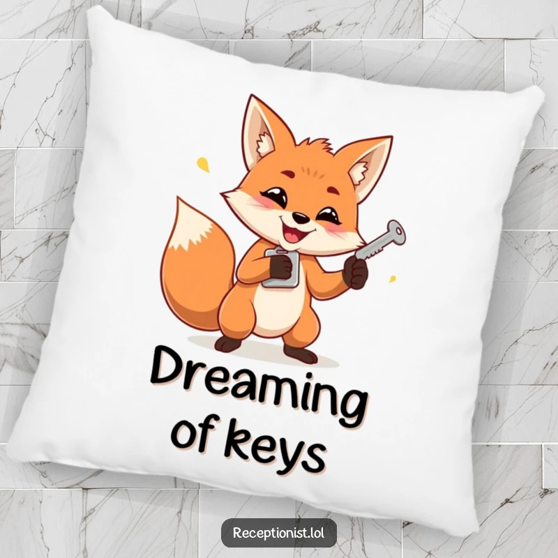 Funny pillow featuring a determined fox with a mischievous grin juggling keys, perfect for cozy and clever decor.