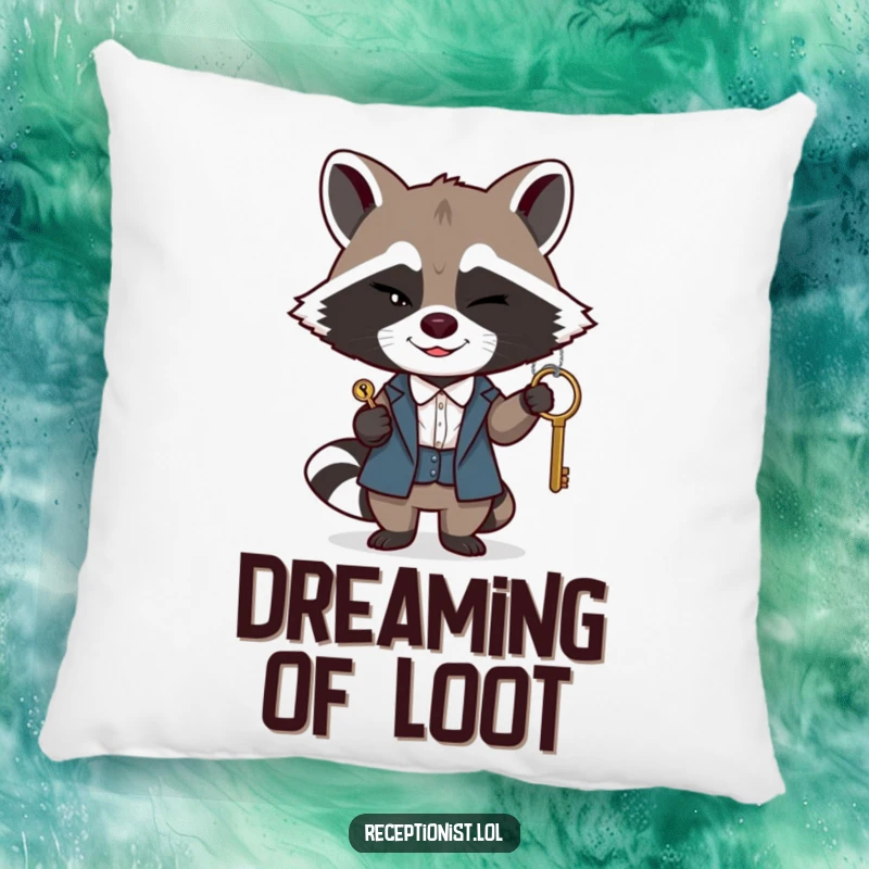 Funny raccoon receptionist pillow, a winking raccoon discreetly passing a key with a sly smile, soft and humorous decor.