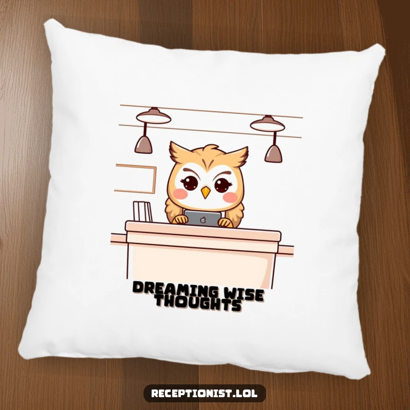 Funny owl receptionist pillow, plush cushion with a kindly observing owl, adding comfort and character.