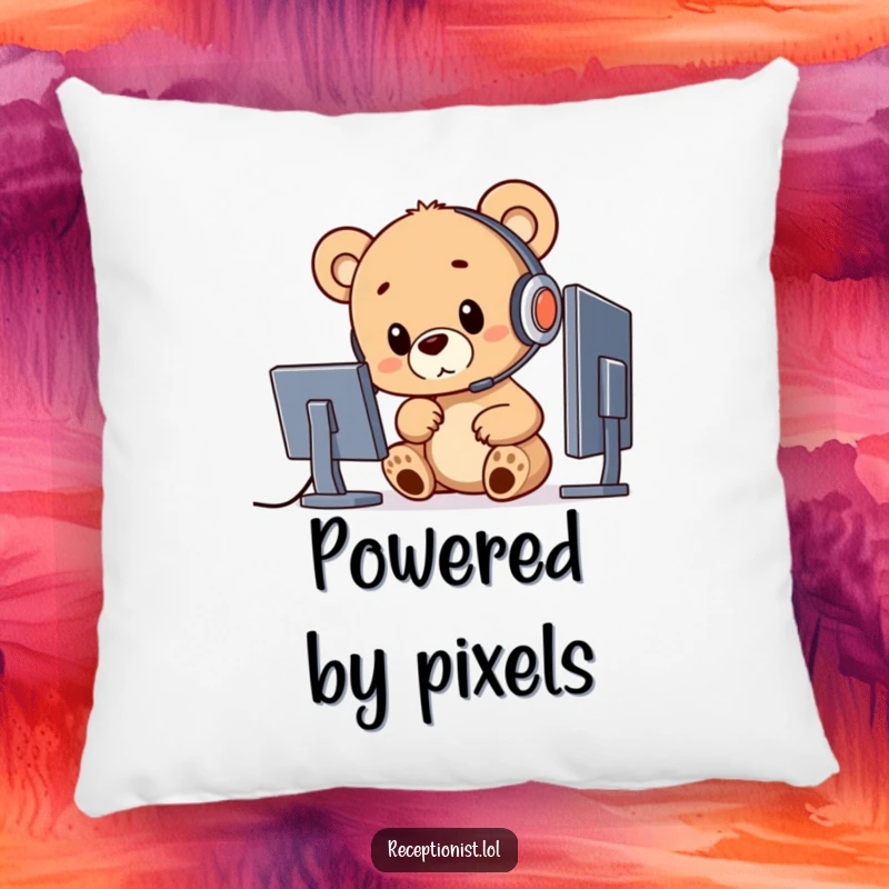 Funny bear cub character on a pillow, wearing a headset and pointing at a screen, humorous decor.