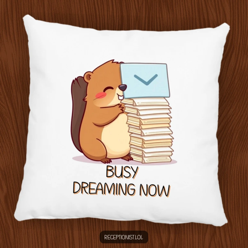 A plush, funny beaver pillow depicting industrious organization, offering comfort and a humorous touch to any room.