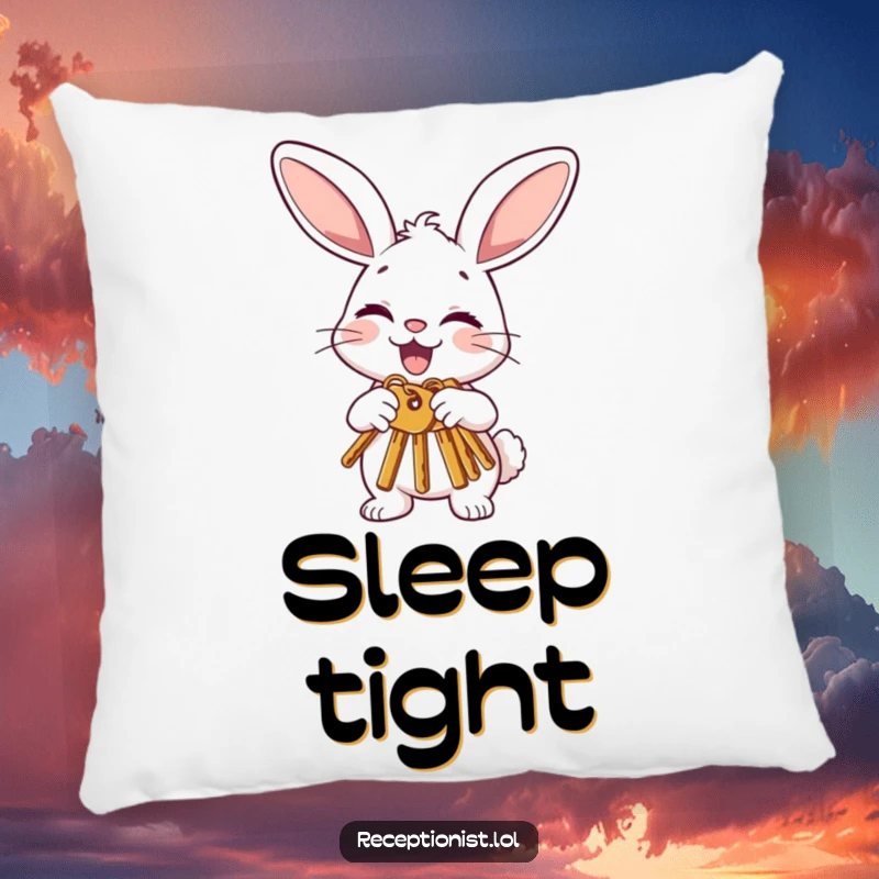 Funny bunny pillow showing a joyful character politely offering keys with a nod and a wink, adding comforting humor and good luck to decor.